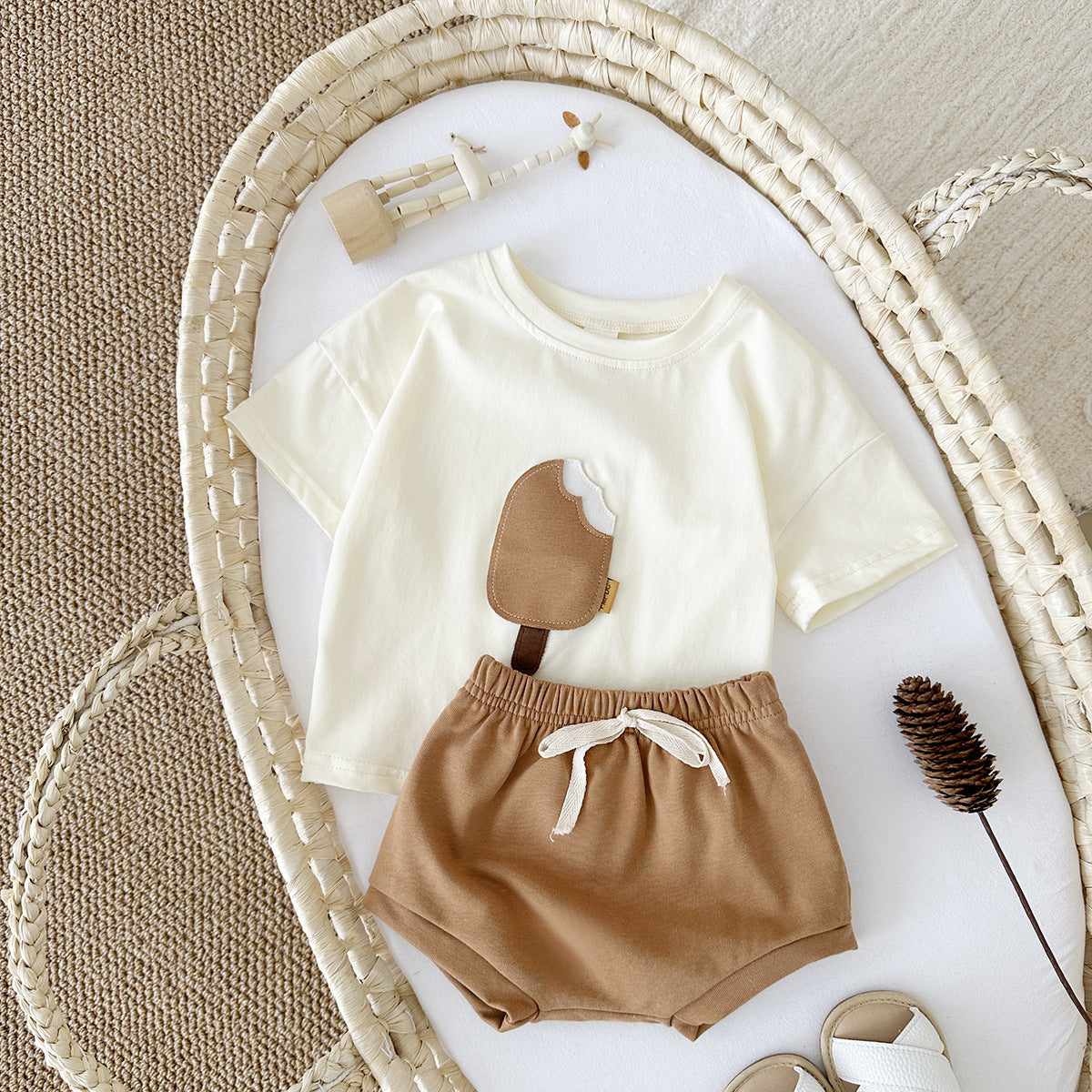 Ice Cream Patch Short Sleeve Shorts Suit