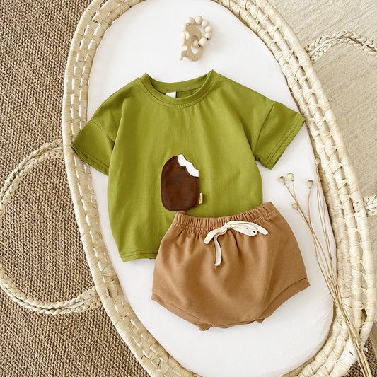 Ice Cream Patch Short Sleeve Shorts Suit